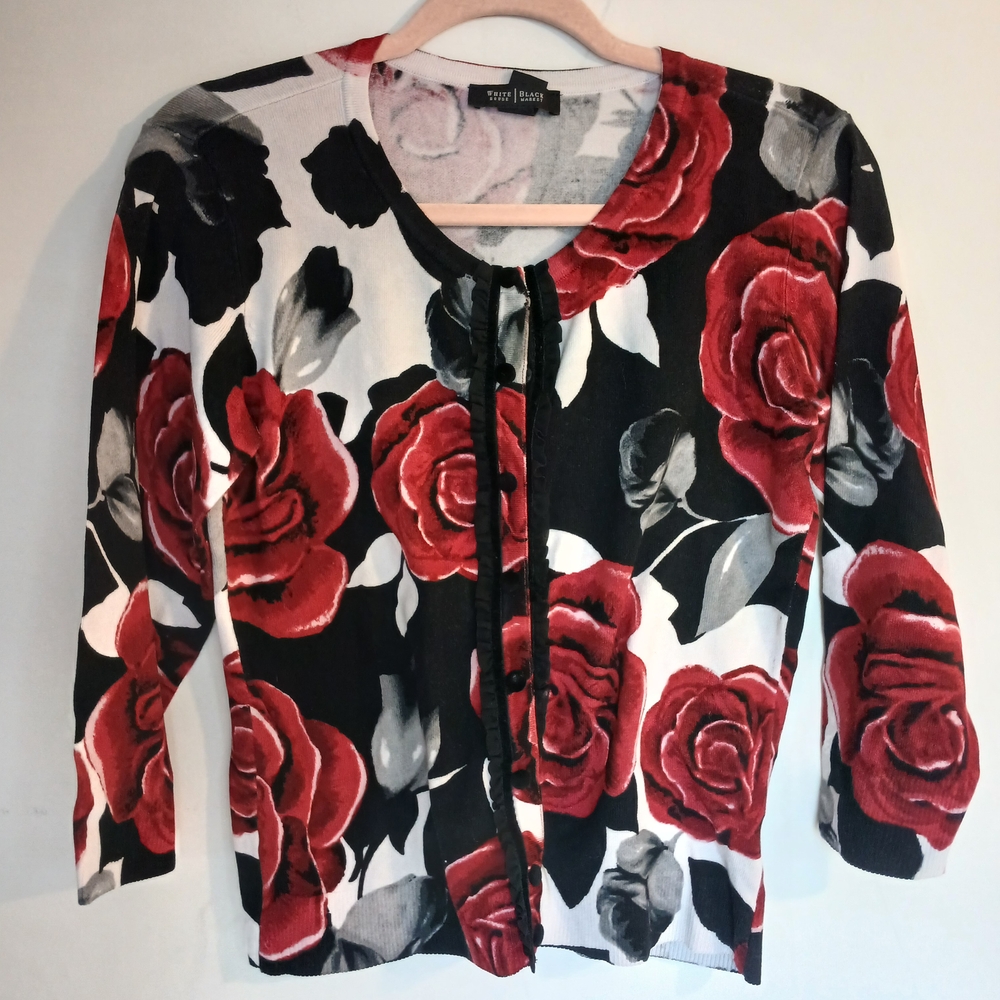 White House Black Market Red and Black Floral Blouse